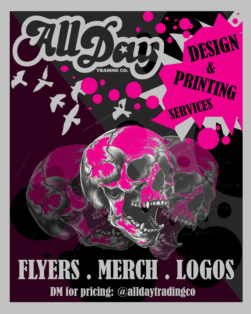 Promotional graphic for All Day Trading Co. with a pink and black skull design on a dark background.