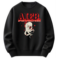 Black sweatshirt with red and white graphic design on a white background
