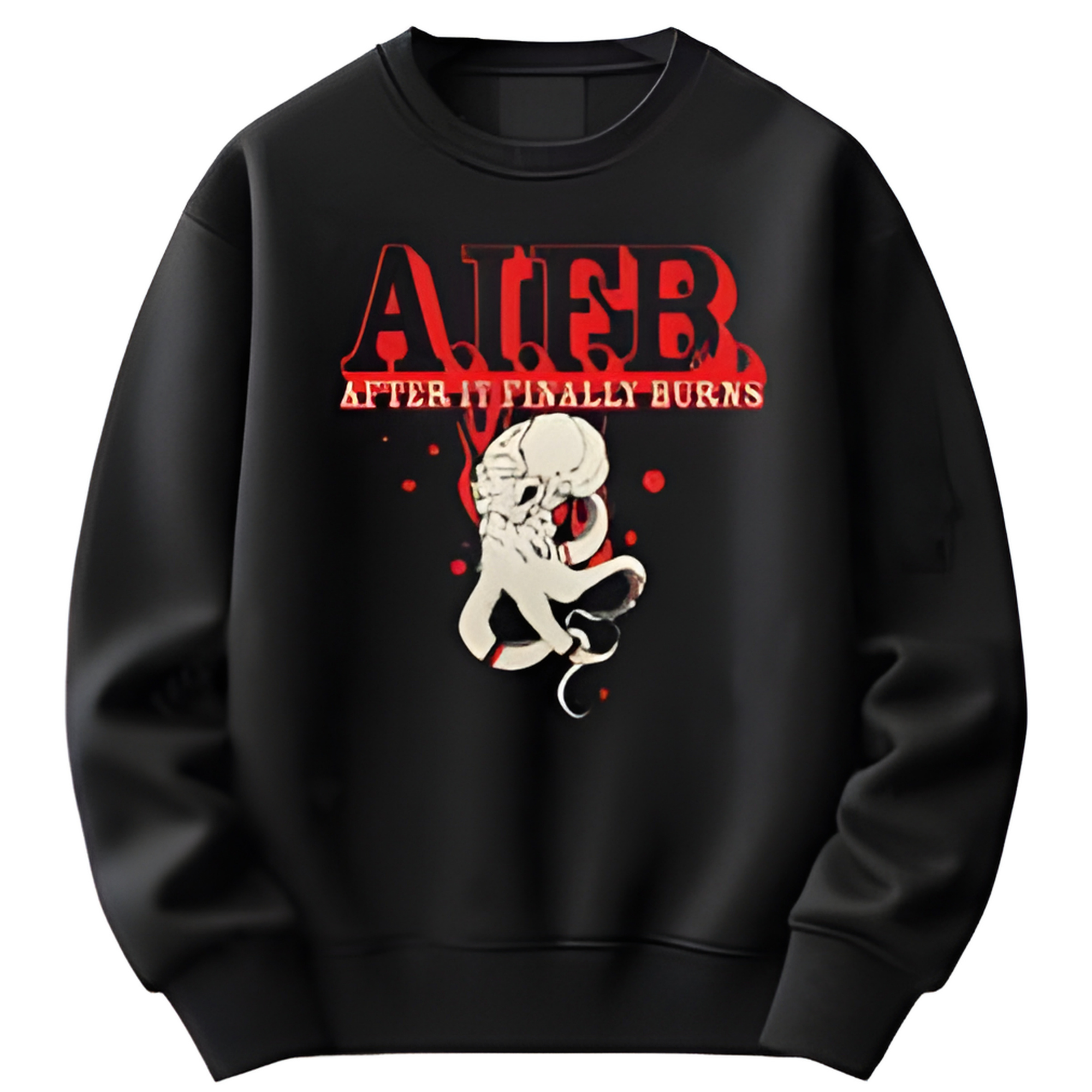Black sweatshirt with red and white graphic design on a white background