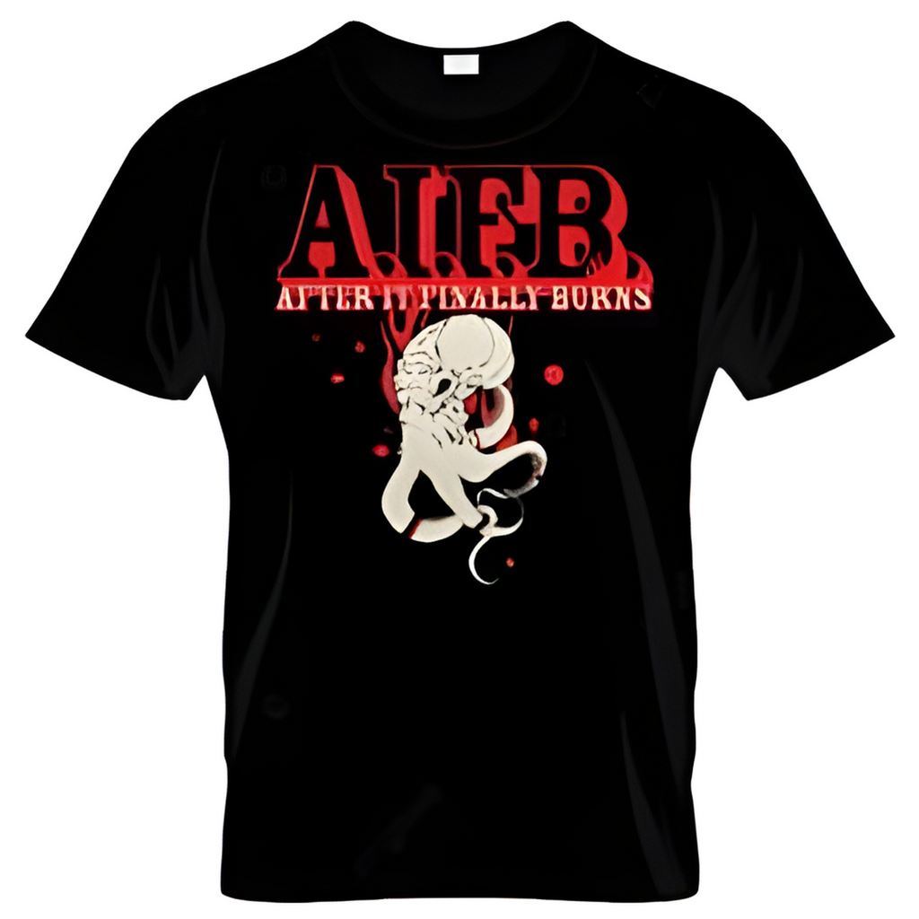 Black t-shirt with red and white graphic design on a white background