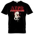 Black t-shirt with red and white graphic design on a white background