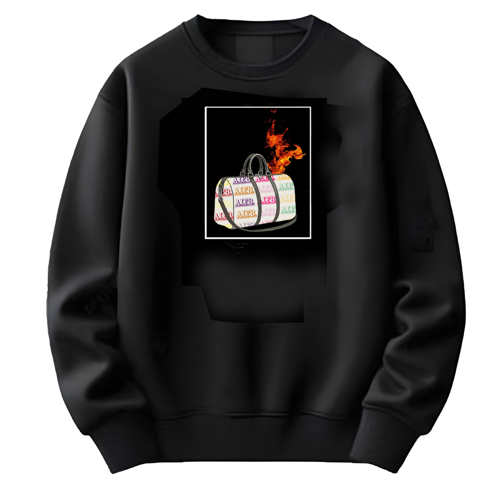 Black sweatshirt with a colorful bag graphic on a white background