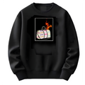 Black sweatshirt with a colorful bag graphic on a white background