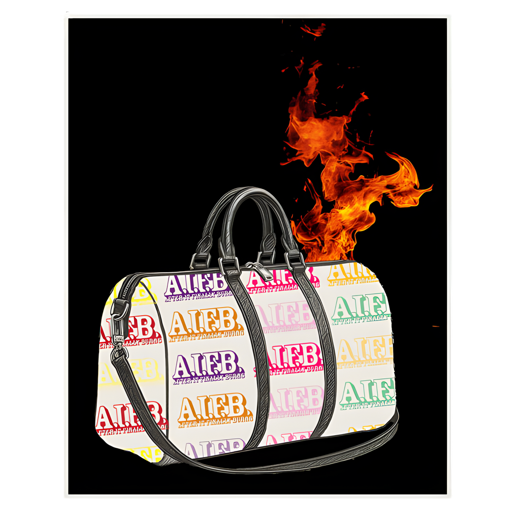 Handbag with colorful 'AIFB' pattern on fire against a black background