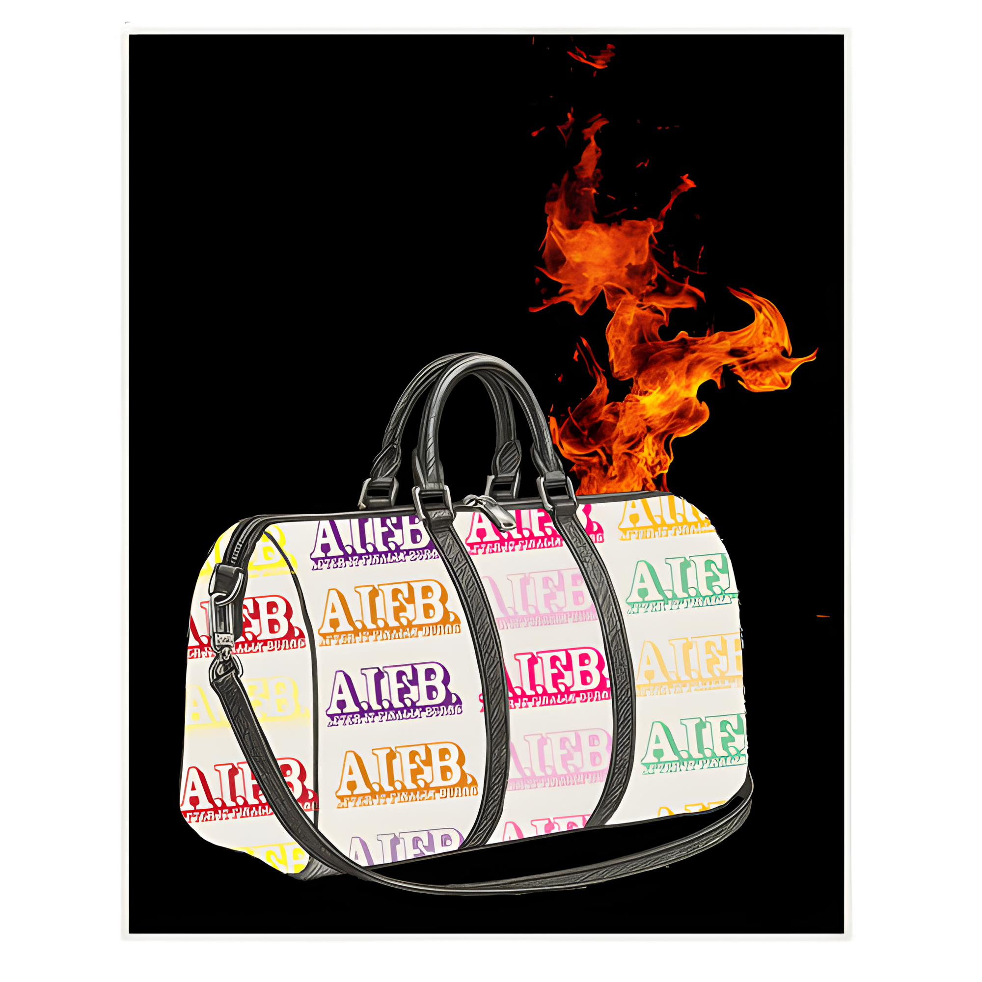 Handbag with colorful 'AIFB' pattern on fire against a black background