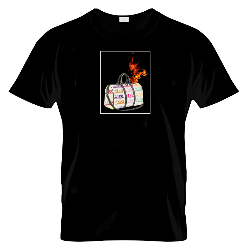Black t-shirt with a graphic of a suitcase on a white background