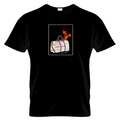 Black t-shirt with a graphic of a suitcase on a white background