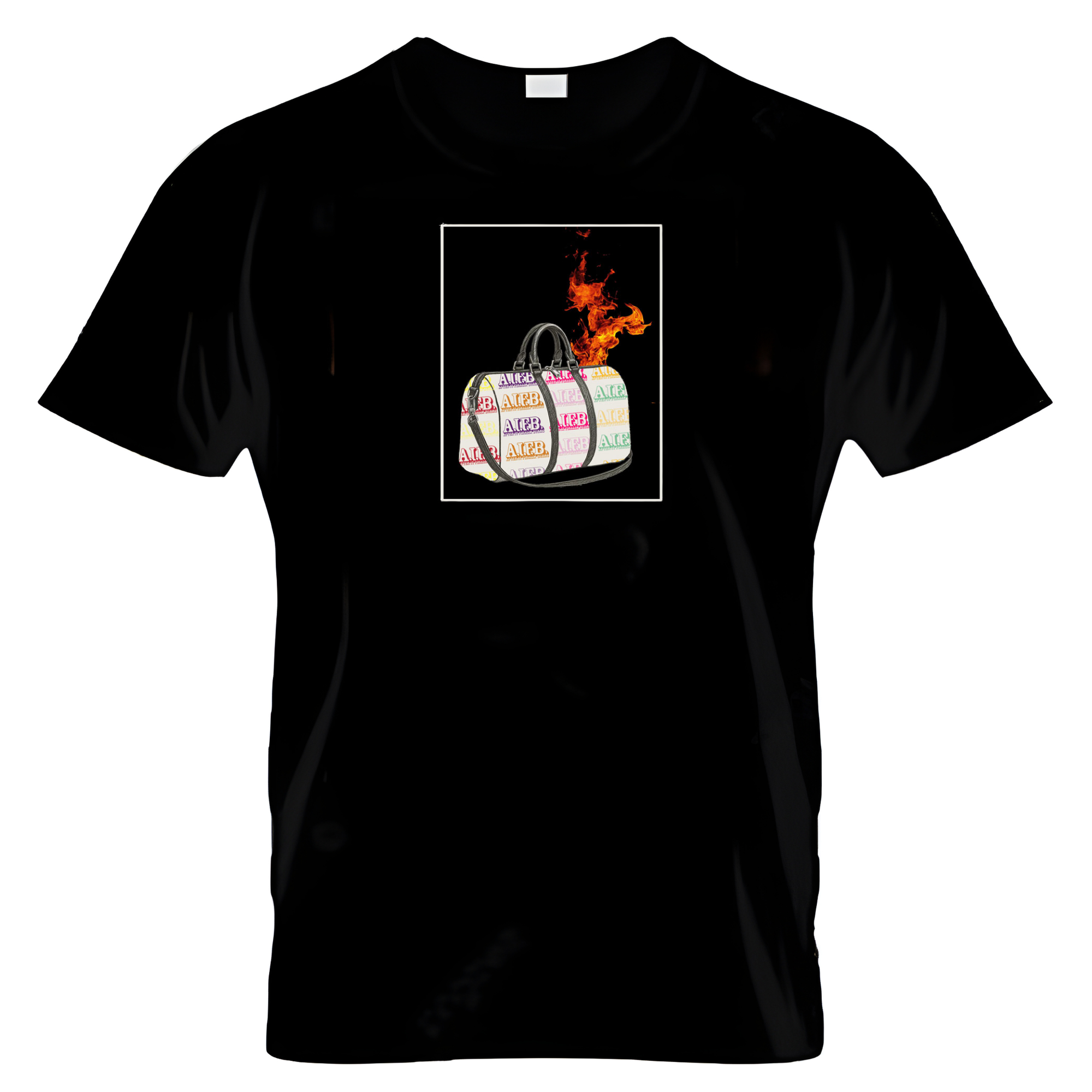 Black t-shirt with a graphic of a suitcase on a white background