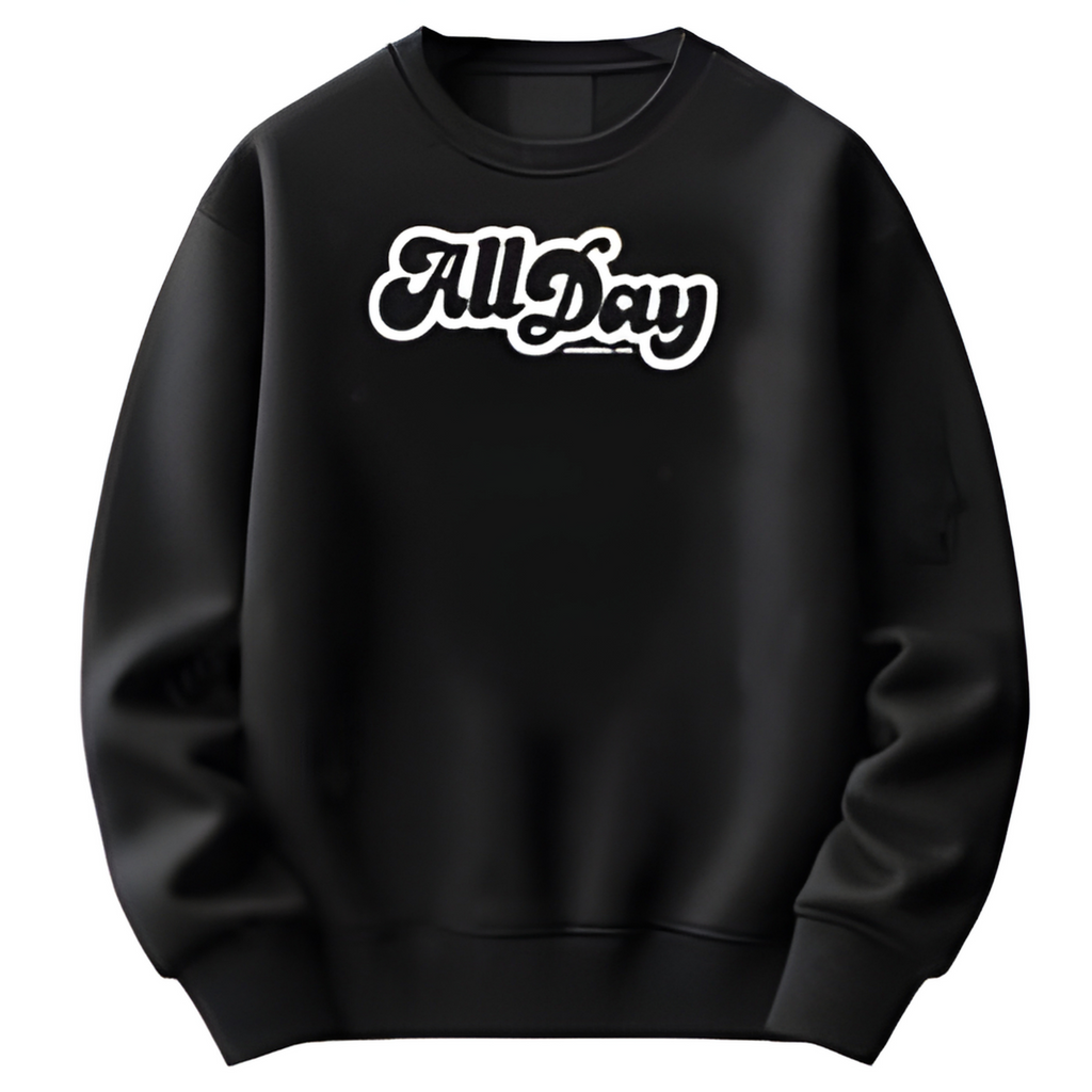Black sweatshirt with white 'All Day' logo text
