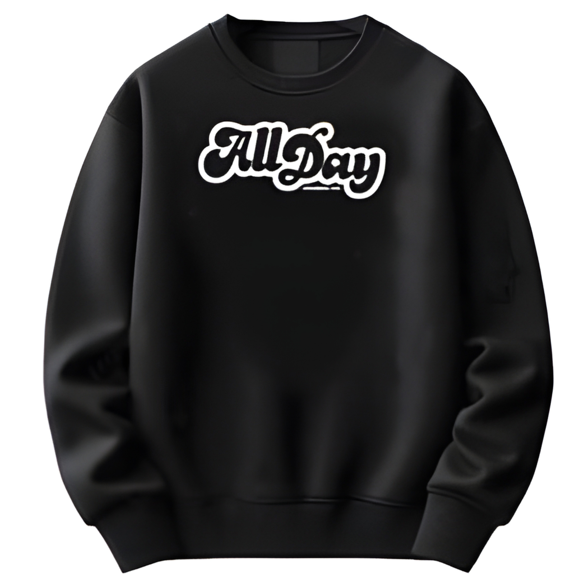 Black sweatshirt with white 'All Day' logo text