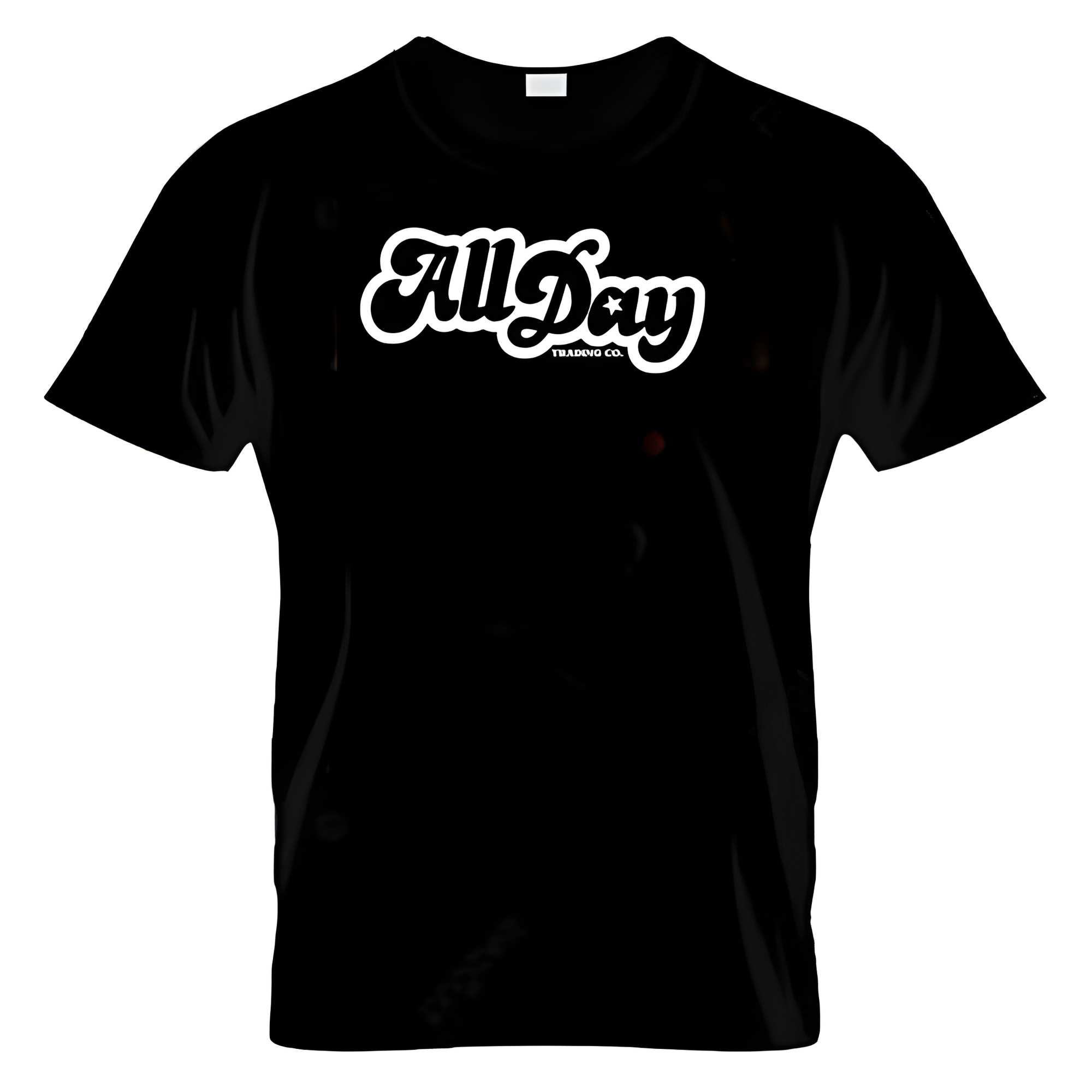 Black t-shirt with white 'All Day' logo on a white background
