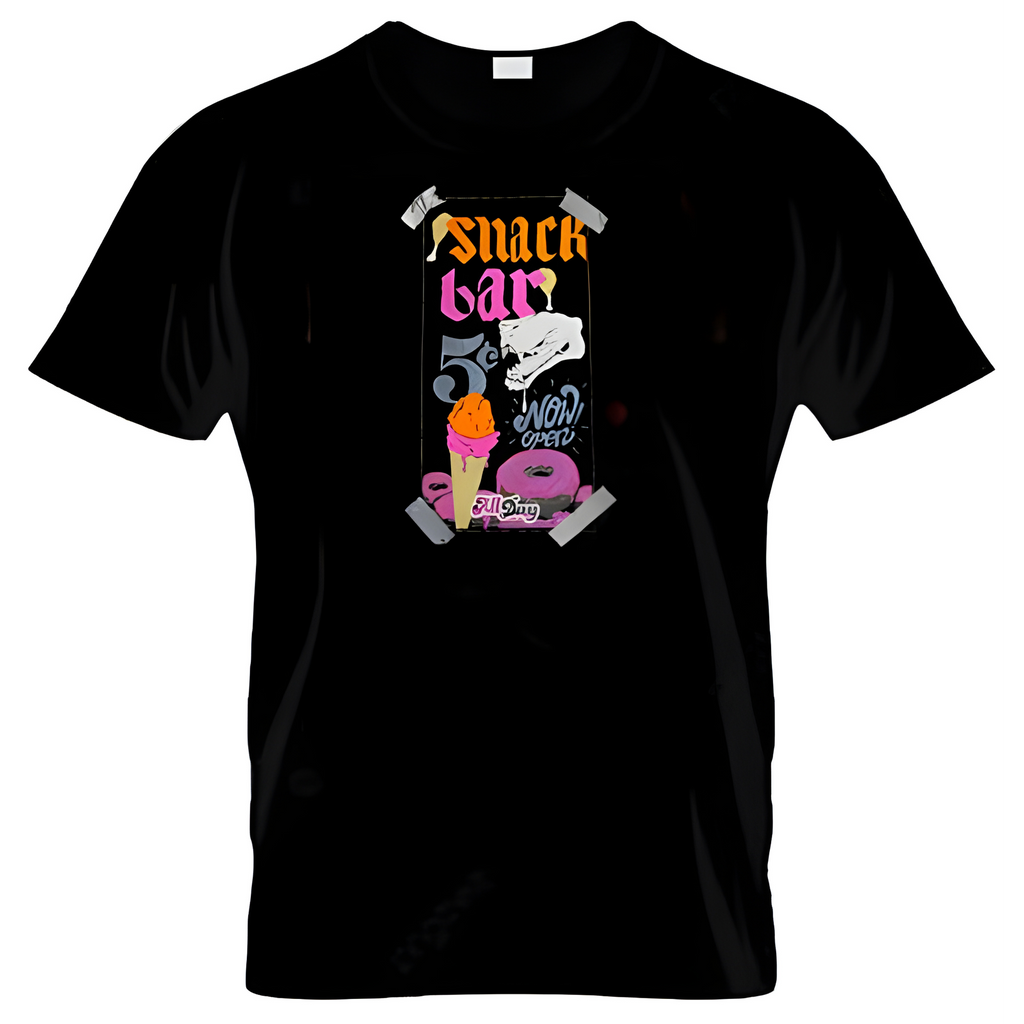 Black tshirt  "Snack Bar" with colorful graphic design on a white background