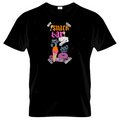 Black tshirt  "Snack Bar" with colorful graphic design on a white background