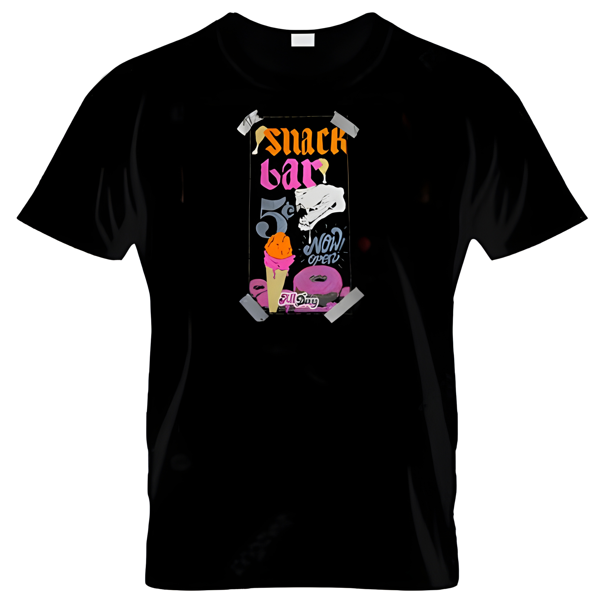 Black tshirt  "Snack Bar" with colorful graphic design on a white background