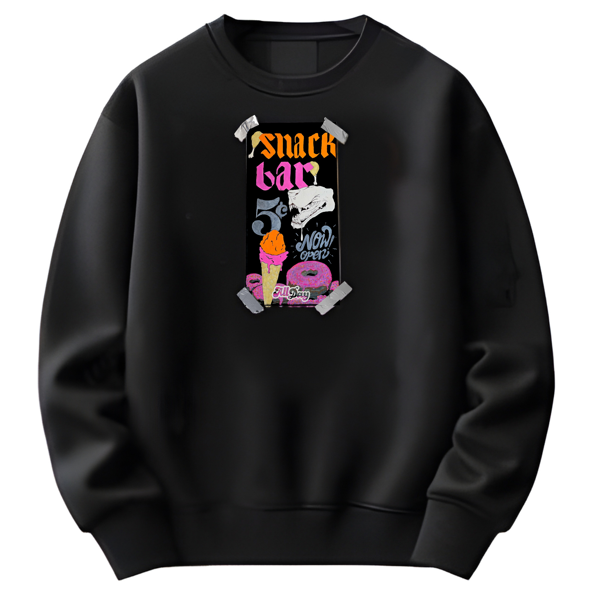 Black sweatshirt "Snack Bar" with colorful graphic design on a white background