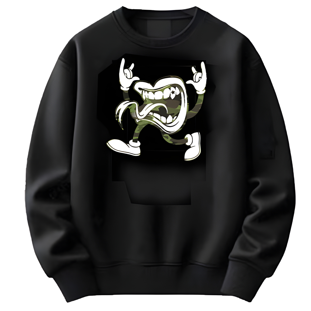 Black sweatshirt with a graphic design of the ALL DAY T.O.T.T logo on a white background