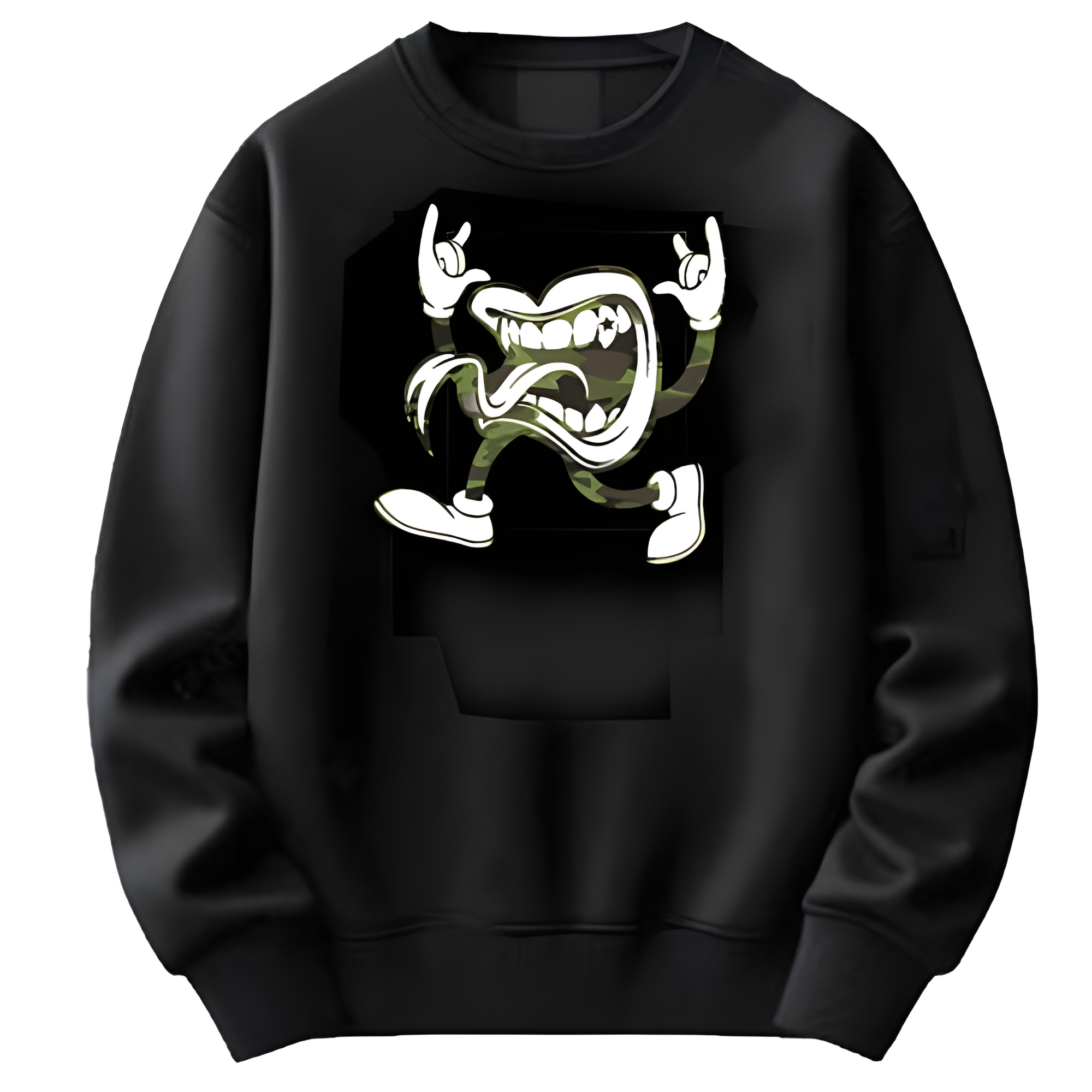 Black sweatshirt with a graphic design of the ALL DAY T.O.T.T logo on a white background