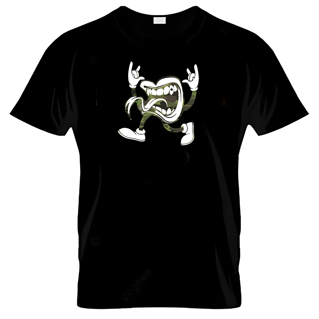 Black t-shirt with a graphic design of the T.O.T.T. logo on a white background