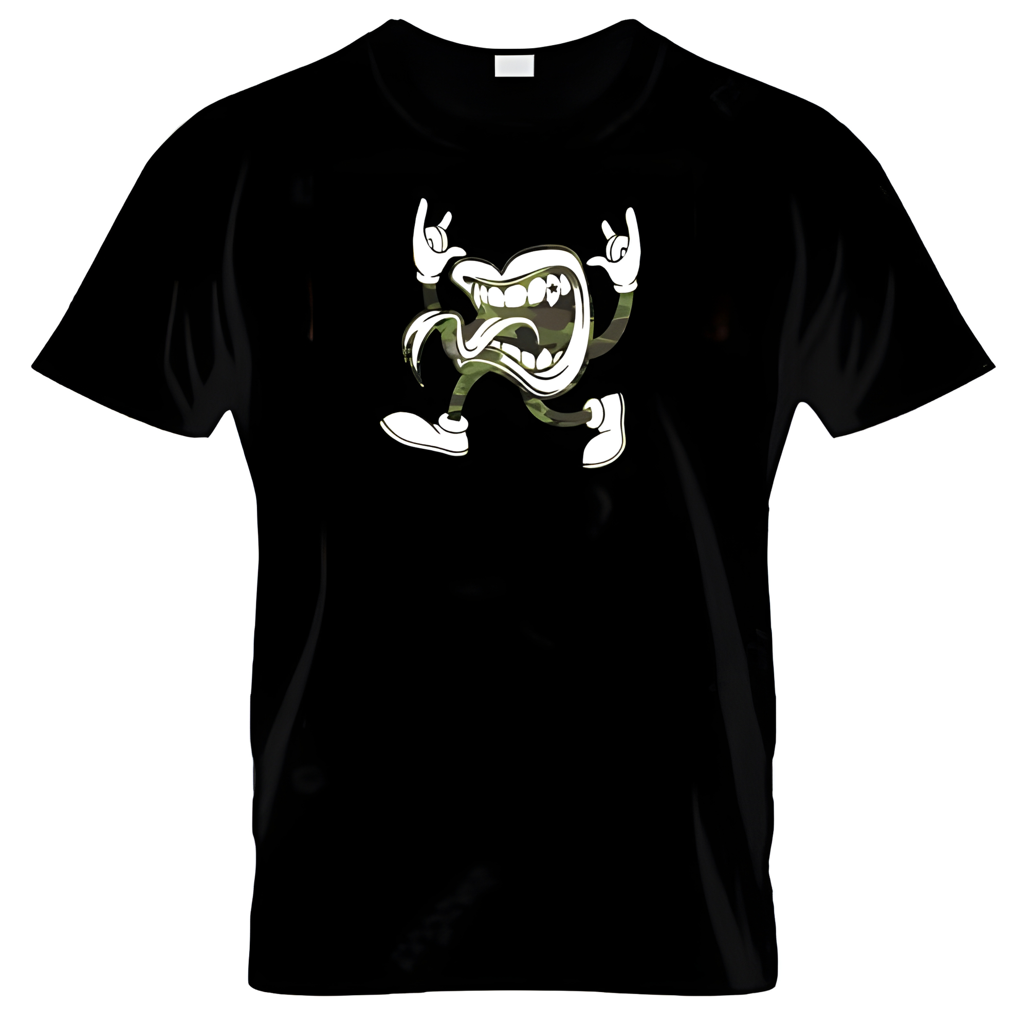 Black t-shirt with a graphic design of the T.O.T.T. logo on a white background