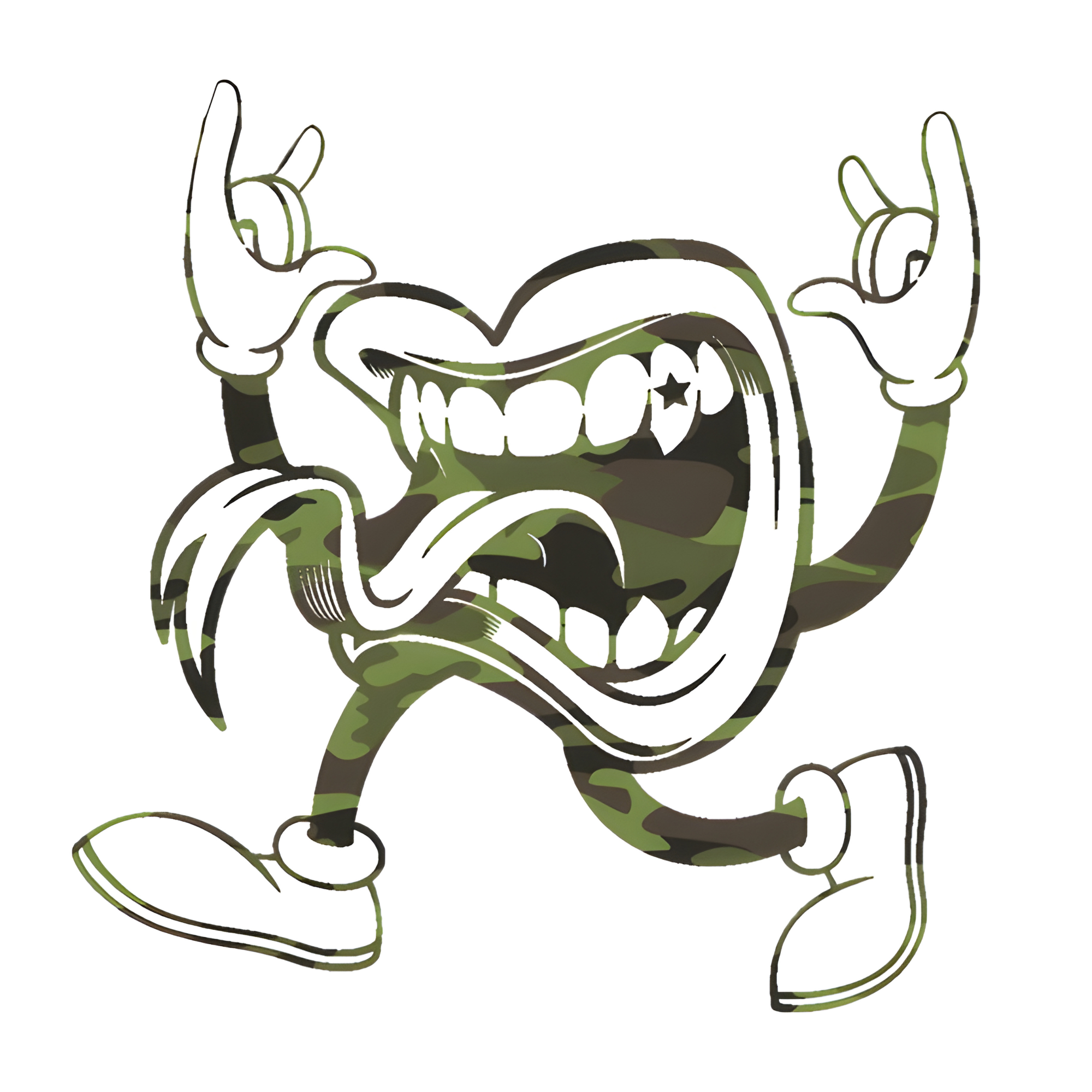 Camouflage-patterned T.O.T.T. logo with a mouth and arms on a white background. Talk of the town