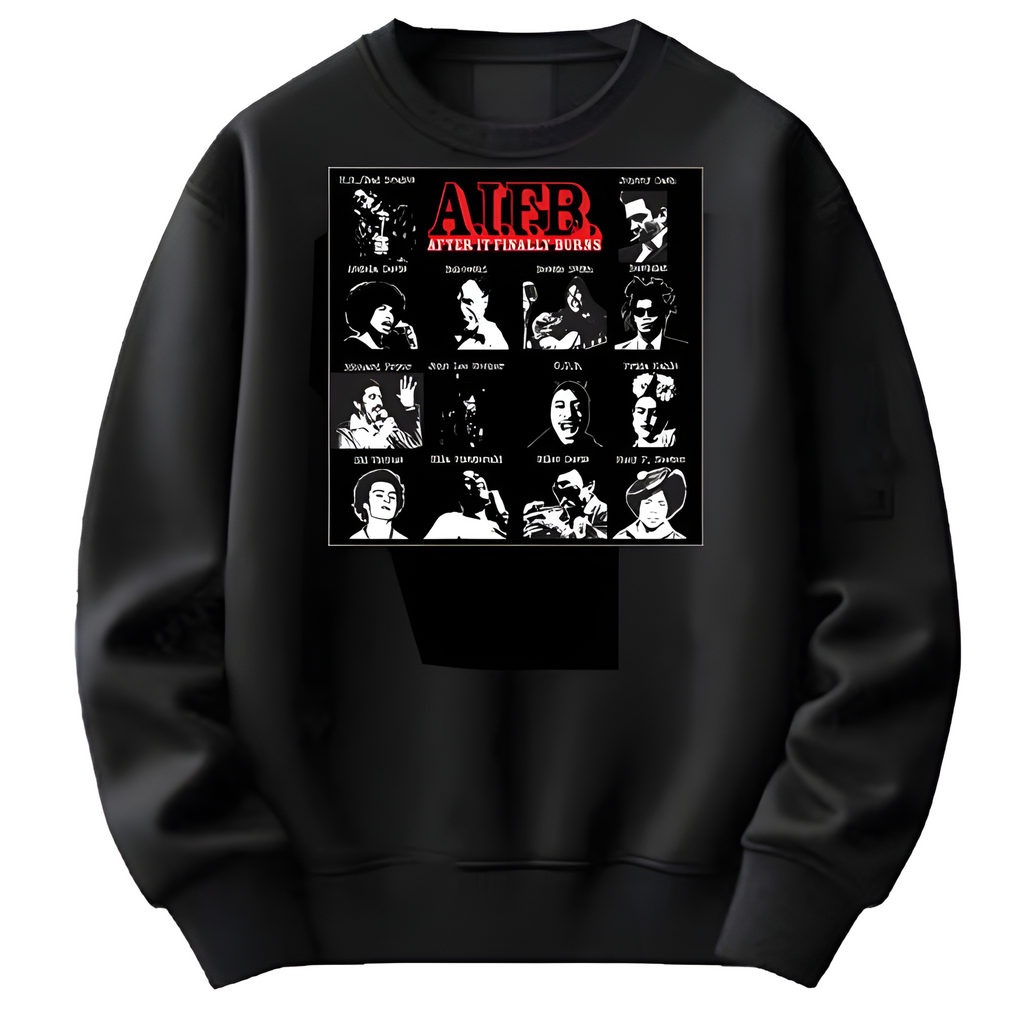 Black sweatshirt with a graphic design on the chest featuring black and white portraits and red text.