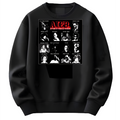 Black sweatshirt with a graphic design on the chest featuring black and white portraits and red text.