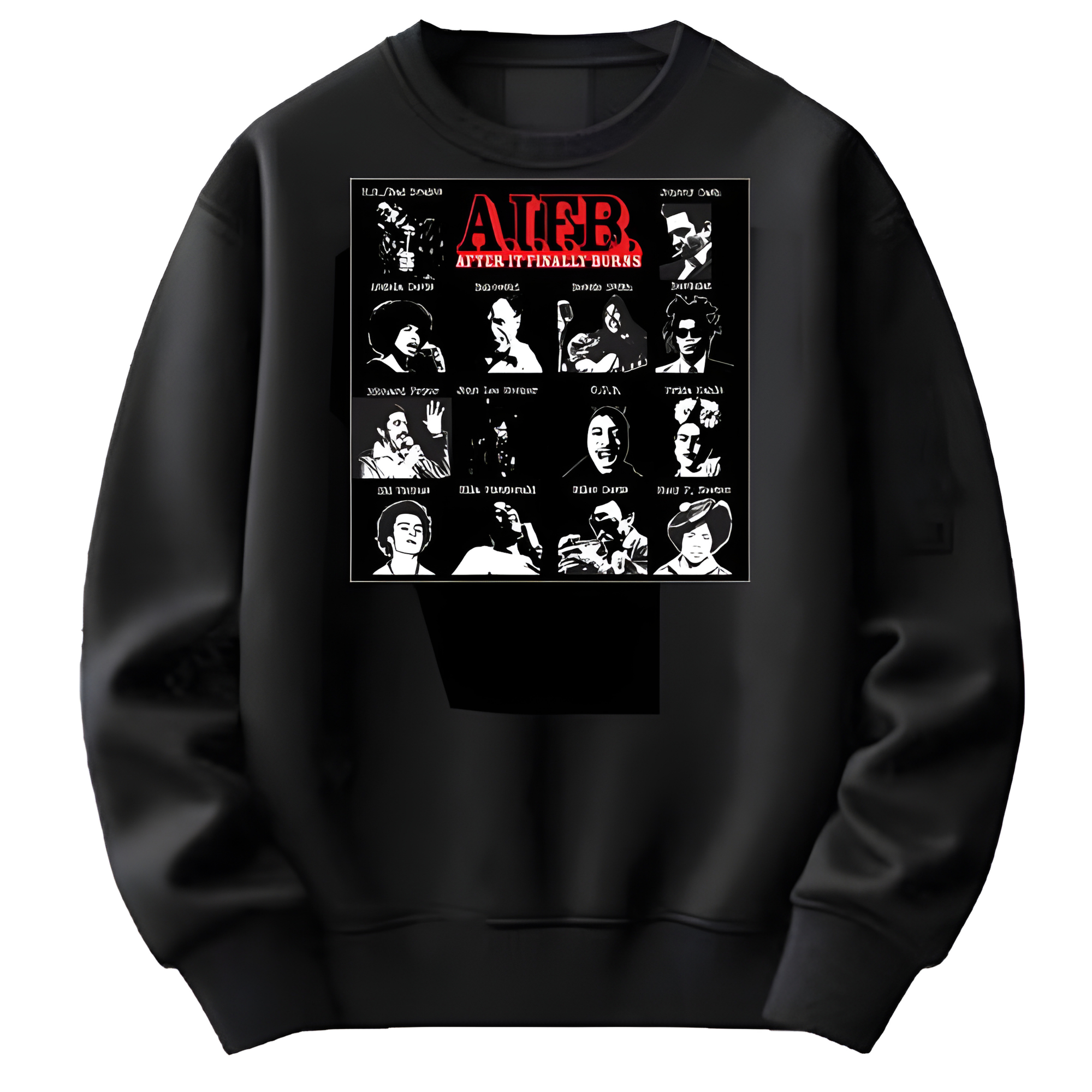 Black sweatshirt with a graphic design on the chest featuring black and white portraits and red text.