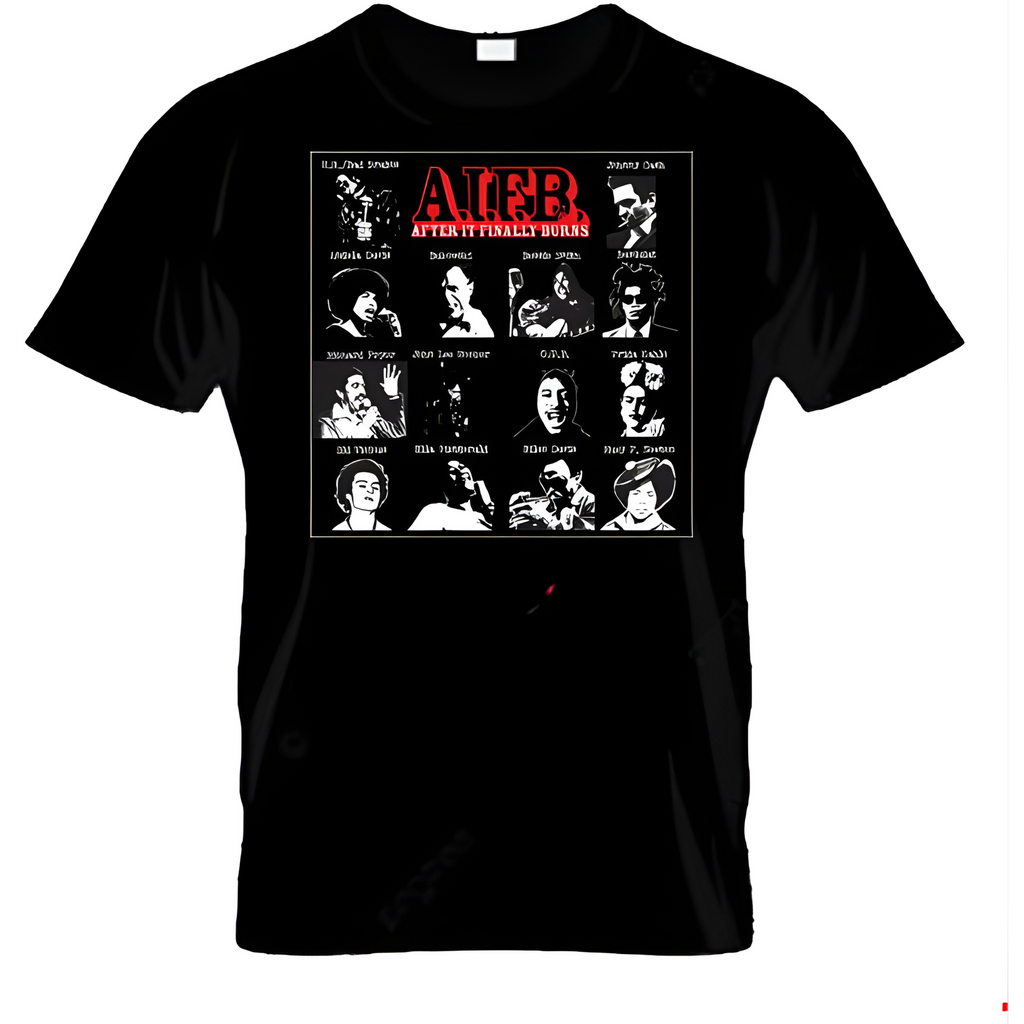 Black t-shirt with a graphic design featuring various faces and text on a white background