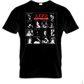 Black t-shirt with a graphic design featuring various faces and text on a white background