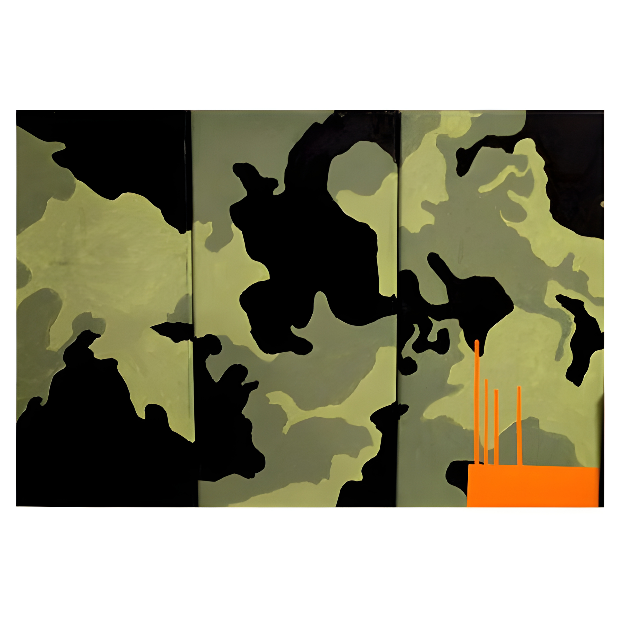 Camouflage-patterned wall art with black silhouettes of animals and an orange base.
