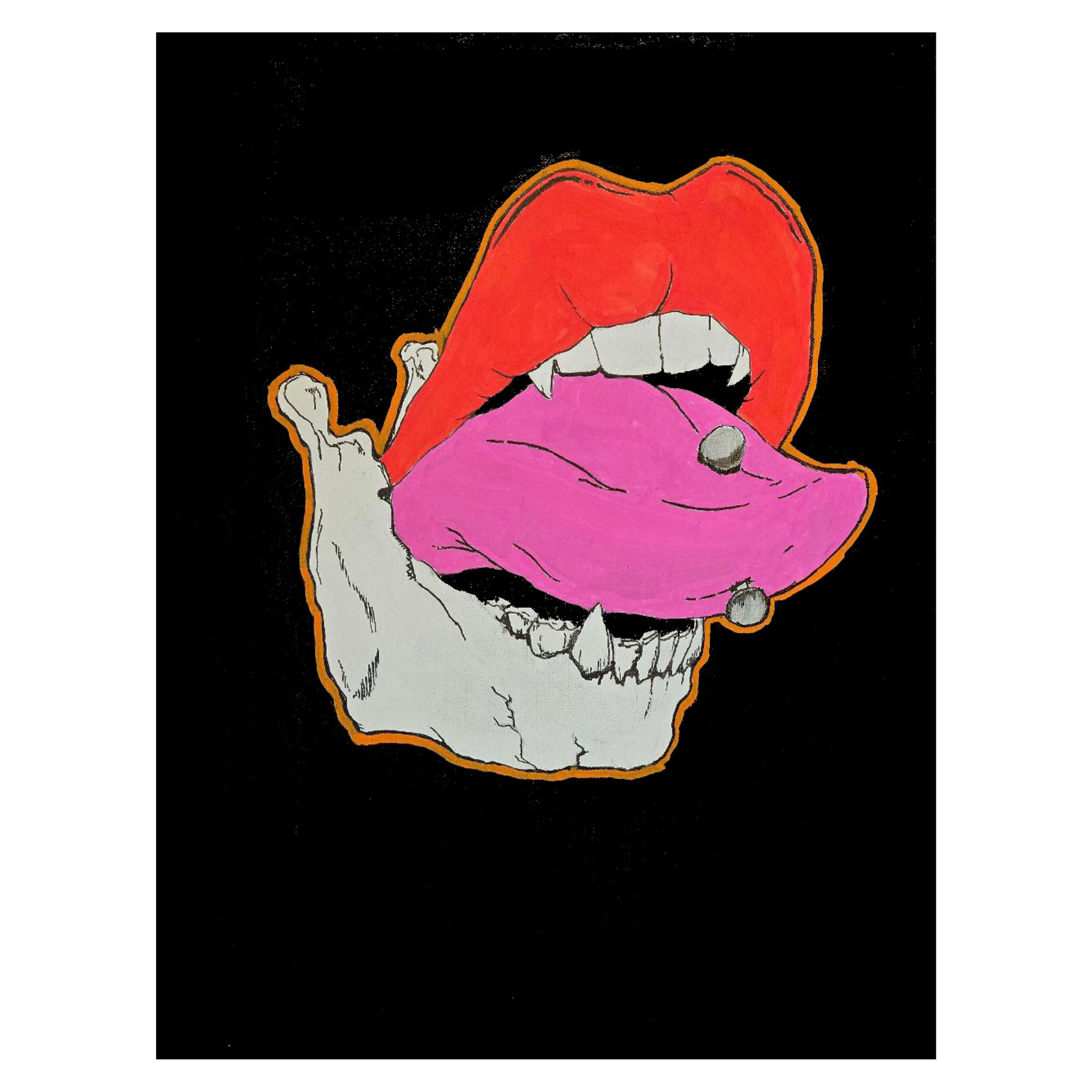 Illustration of a skull with red and pink lips on a black background