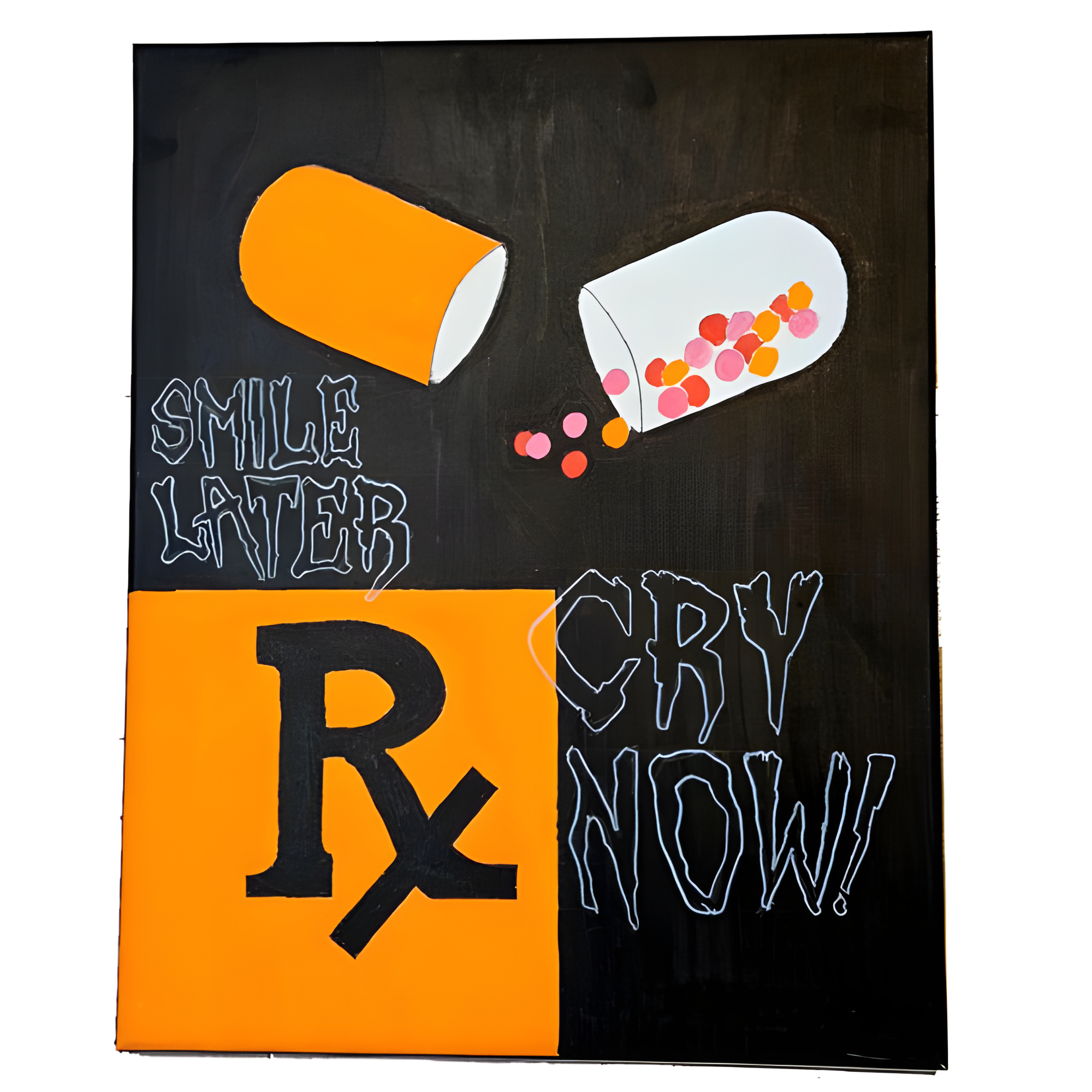 Artistic depiction of a pill and a box with text on a black background