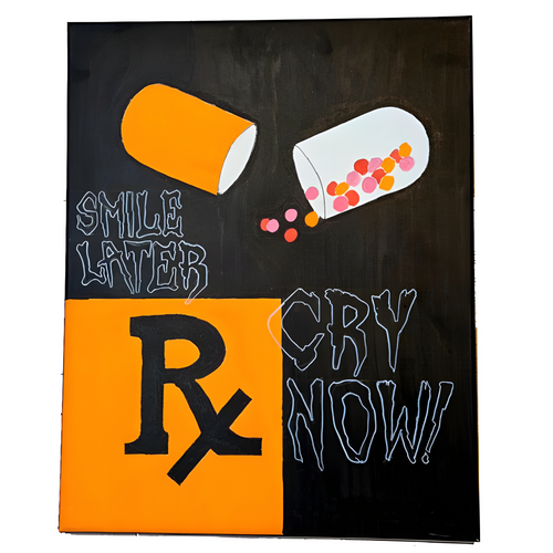 Artistic depiction of a pill and a box with text on a black background