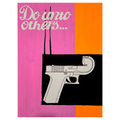 Artistic depiction of a gun with 'Do unto others...' text on a colorful background