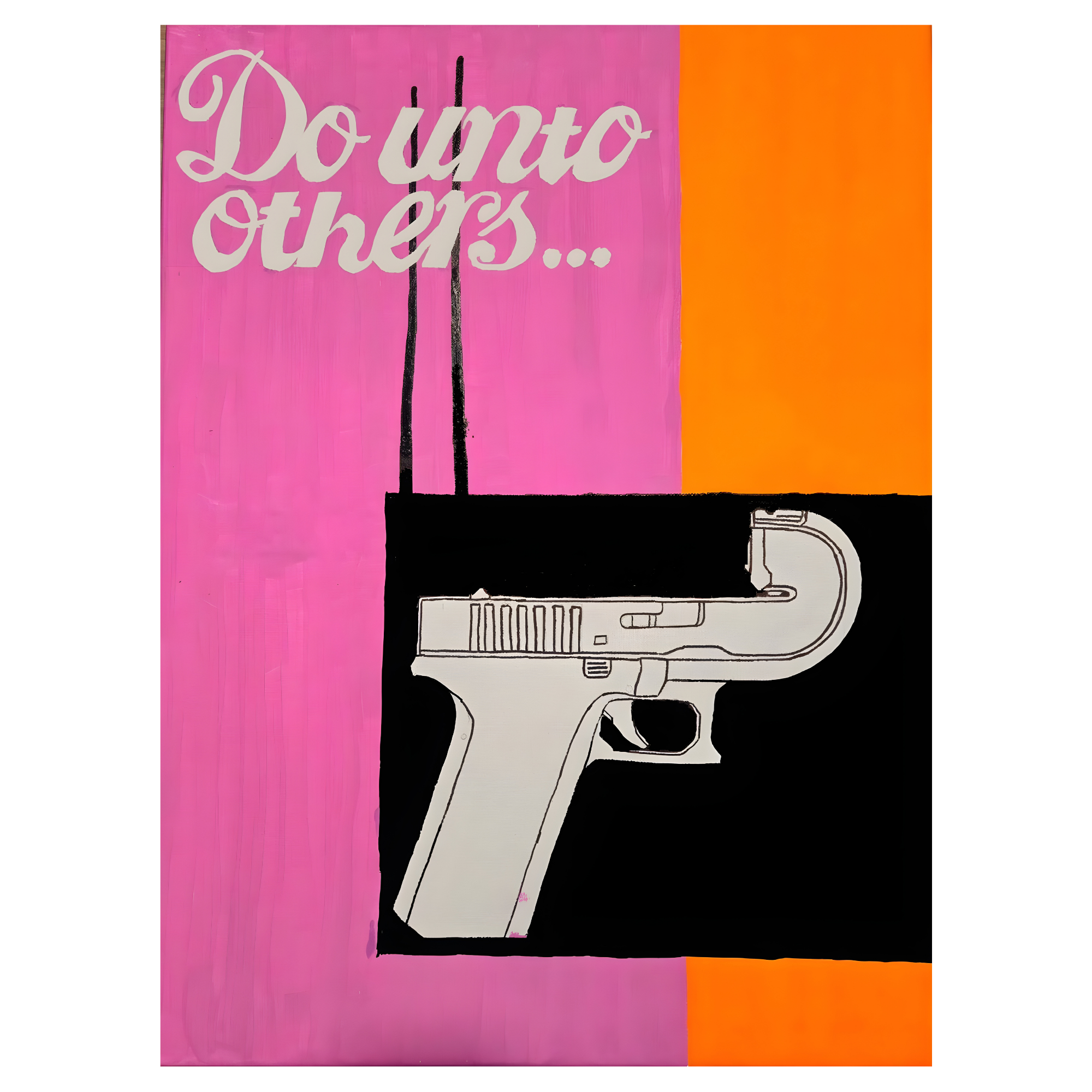 Artistic depiction of a gun with 'Do unto others...' text on a colorful background