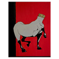 Abstract painting of a horse with a cork on a black and red background