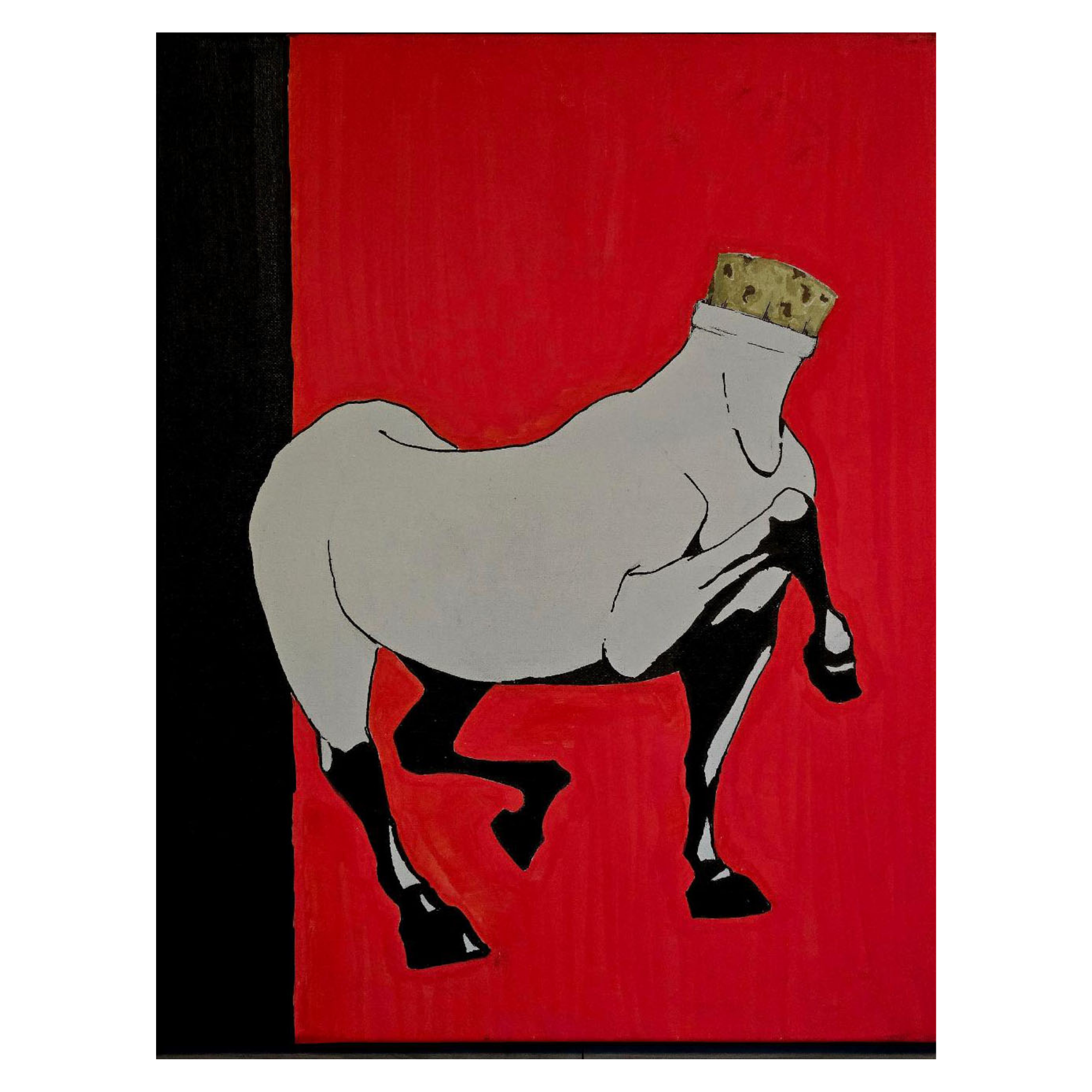 Abstract painting of a horse with a cork on a black and red background