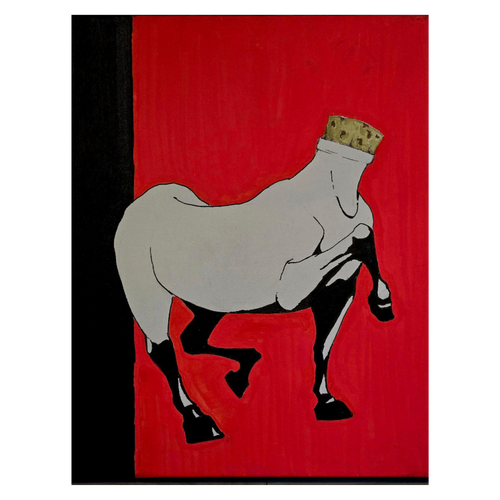 Abstract painting of a horse with a cork on a black and red background
