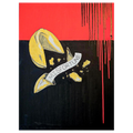 Artistic depiction of a fortune cookie with 'Misfortune' banner on black and red background