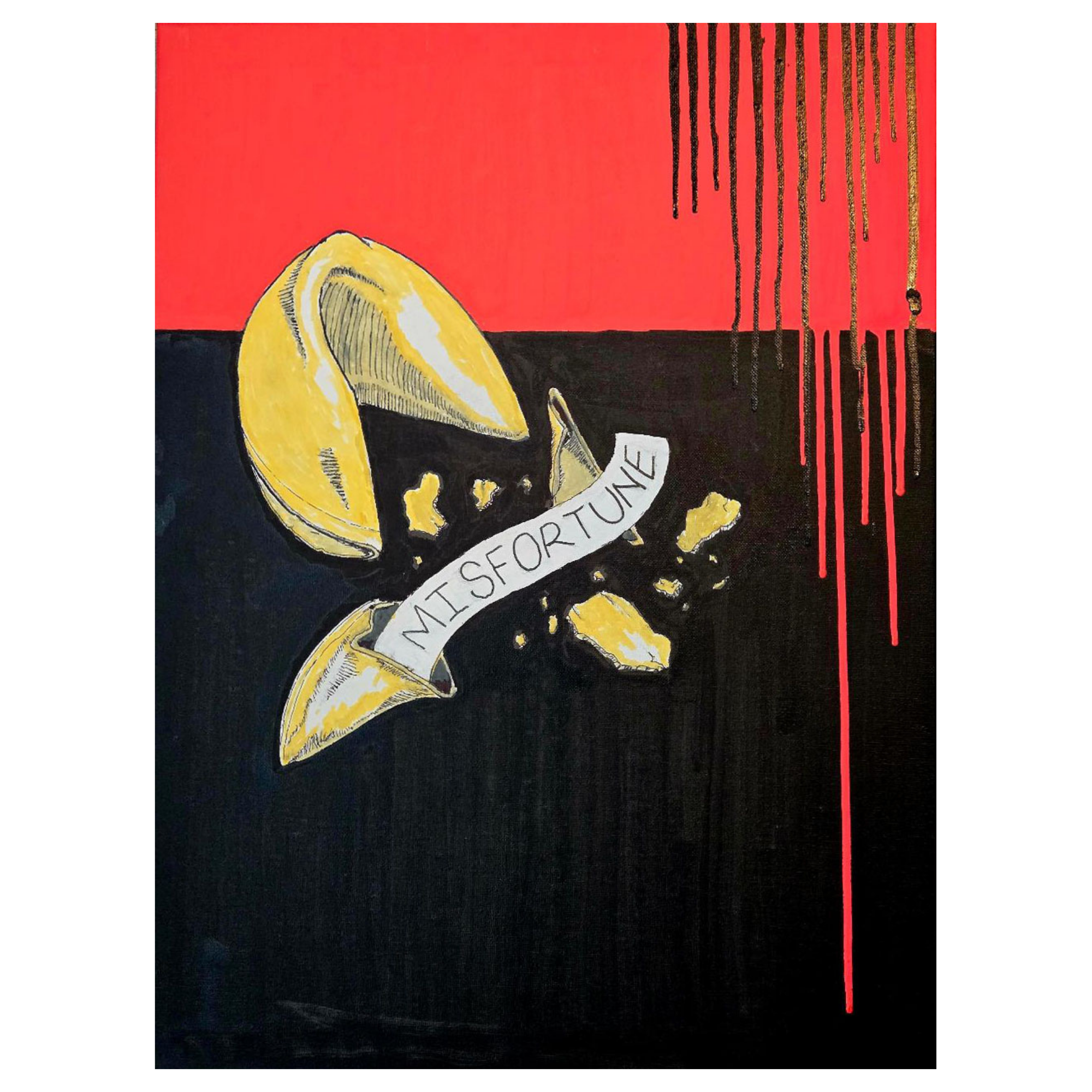 Artistic depiction of a fortune cookie with 'Misfortune' banner on black and red background