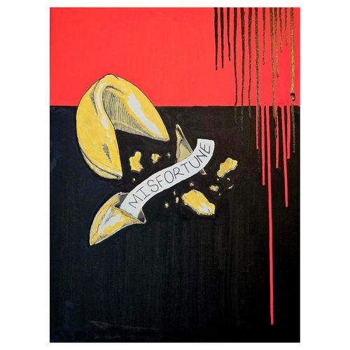 Artistic depiction of a fortune cookie with 'Misfortune' banner on black and red background