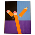 Abstract artwork with orange pencils on a black, blue, and purple background