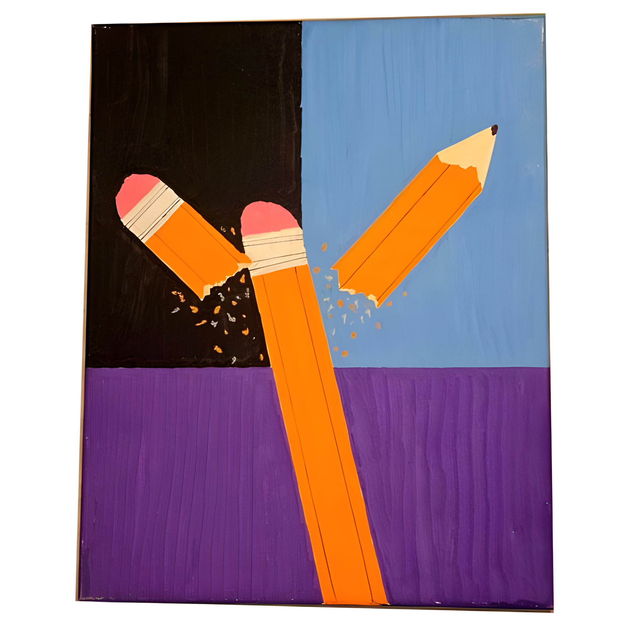 Abstract artwork with orange pencils on a black, blue, and purple background