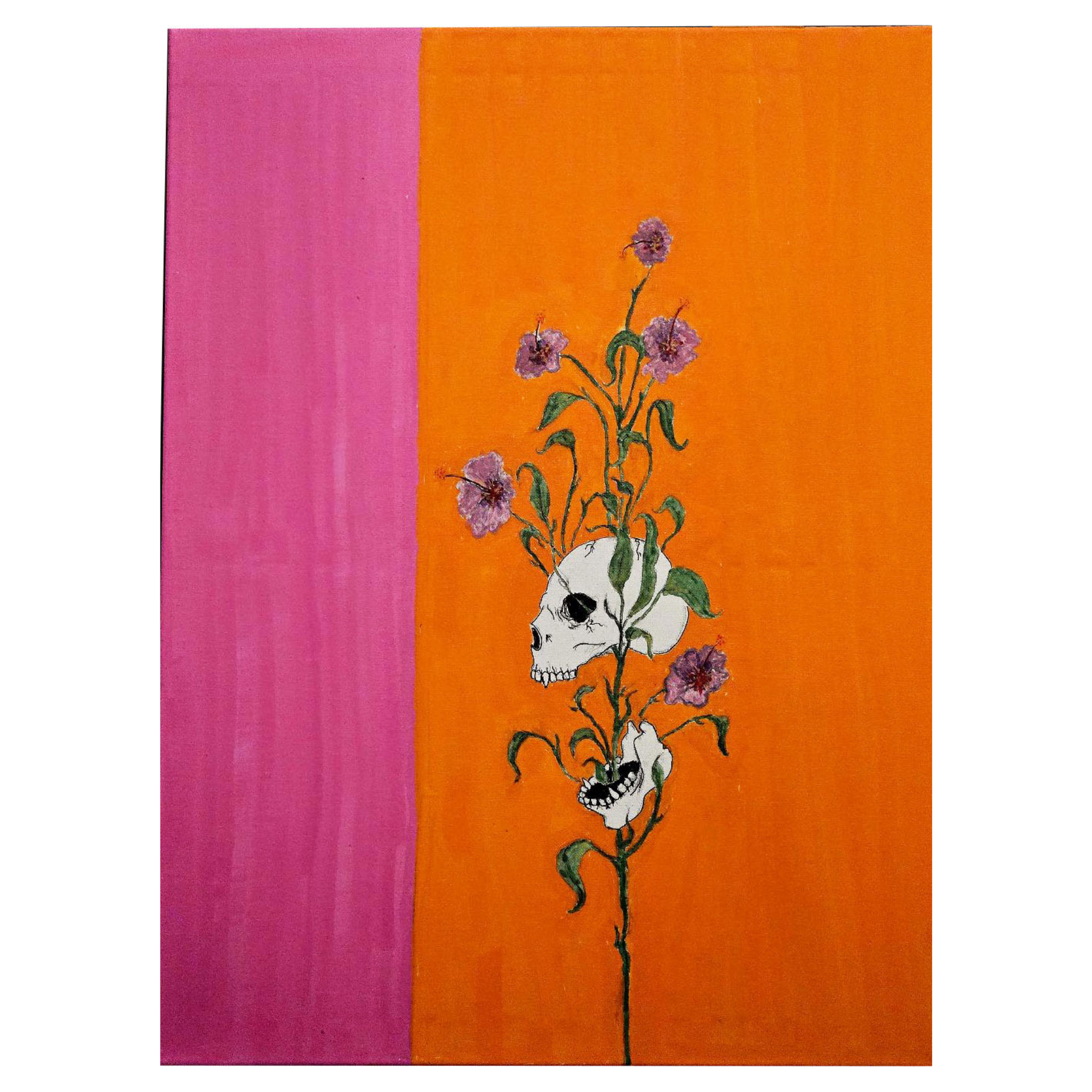 Painting with a skull and floral design on an orange and pink background