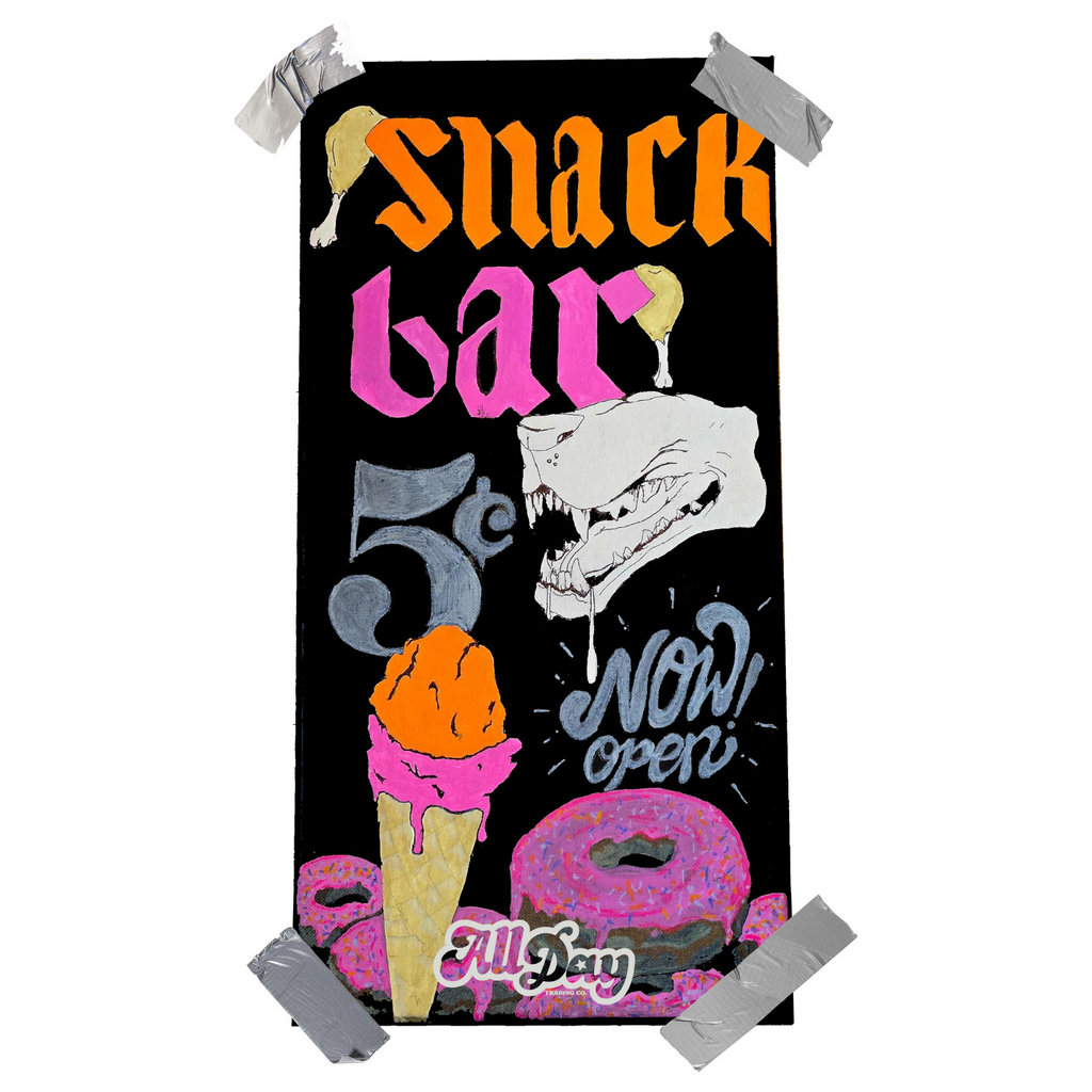 Decorative sign for a snack bar with colorful text and graphics on a black background.