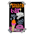 Decorative sign for a snack bar with colorful text and graphics on a black background.