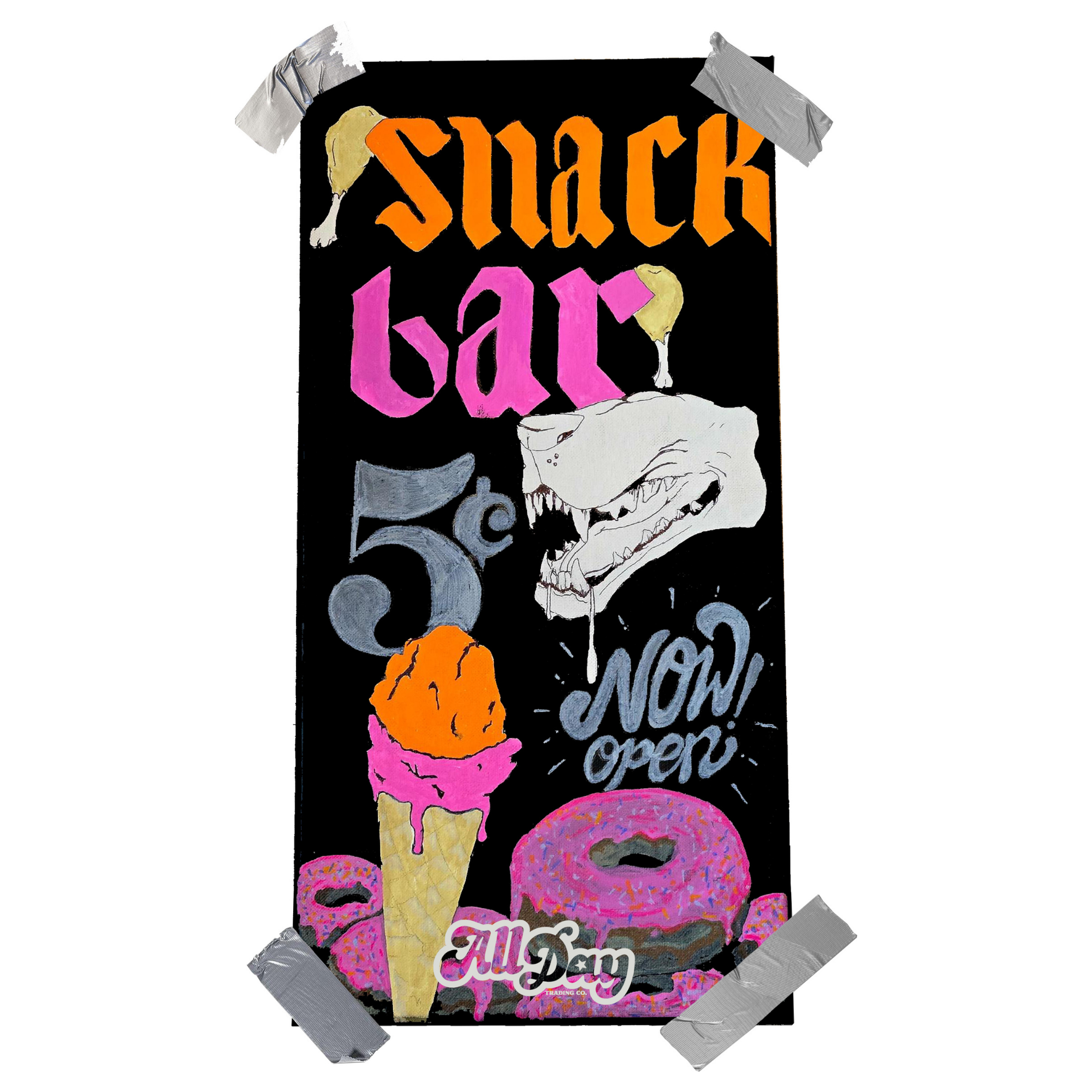 Decorative sign for a snack bar with colorful text and graphics on a black background.