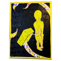 Artistic depiction of a figure holding an umbrella against a dark background with abstract patterns.