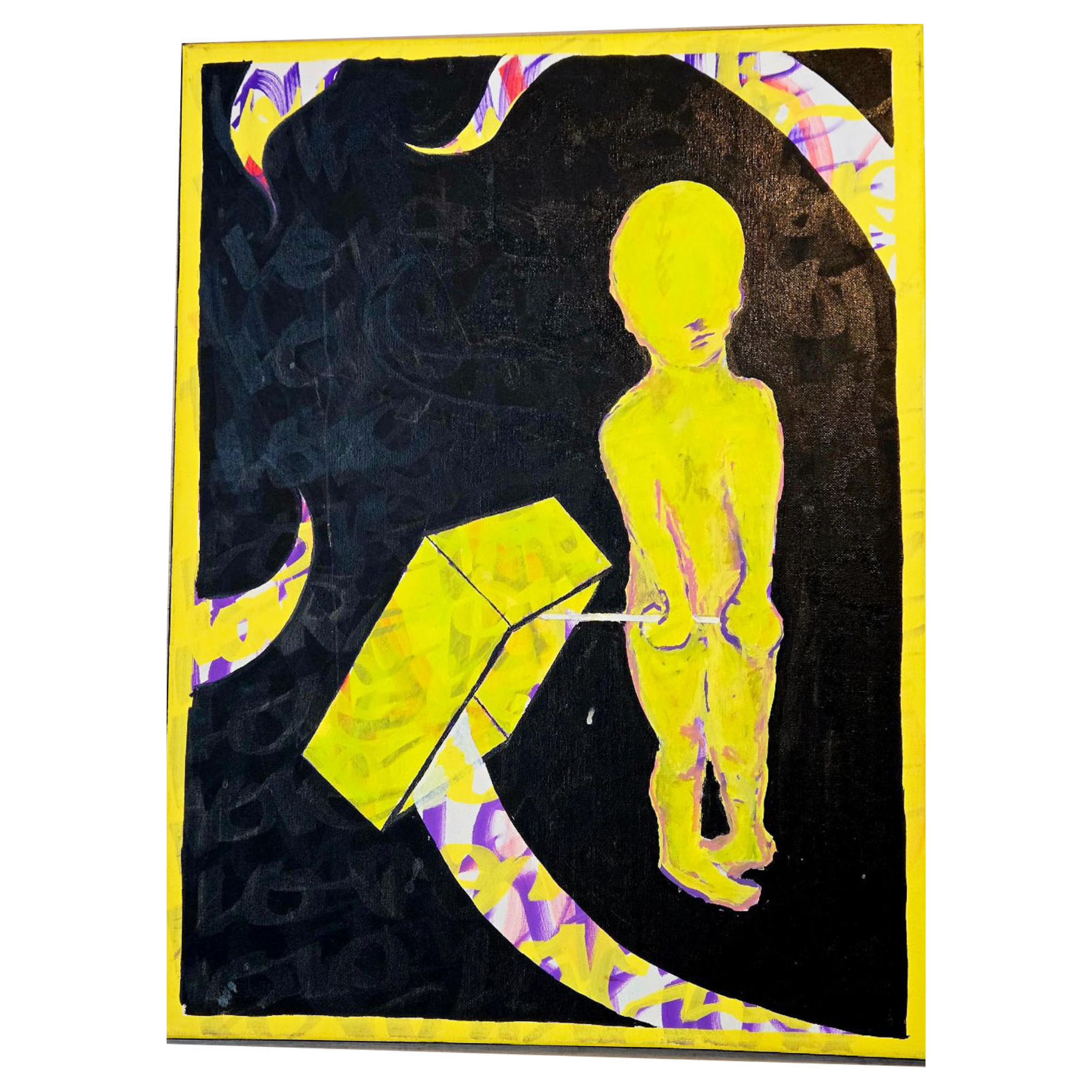 Artistic depiction of a figure holding an umbrella against a dark background with abstract patterns.