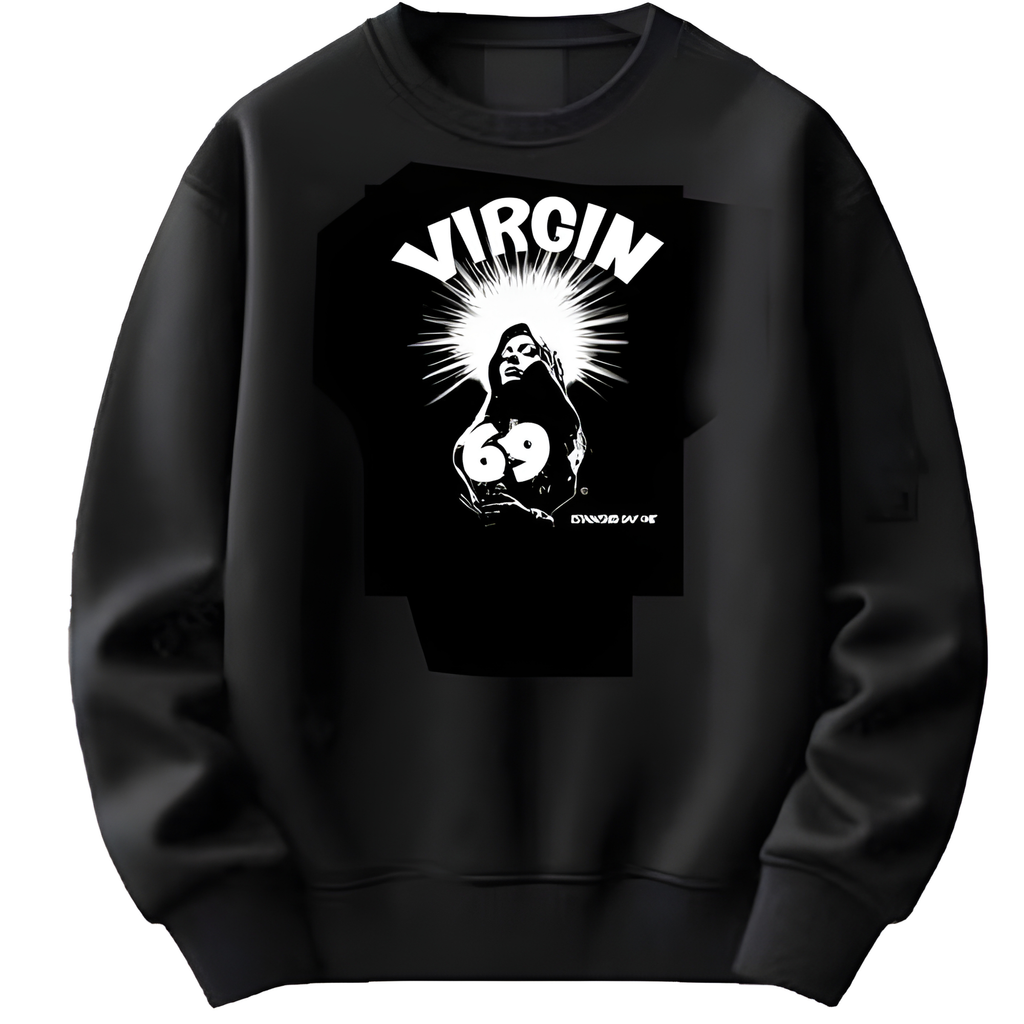 Black sweatshirt with graphic design and text on a white background